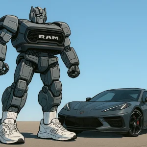 Robot Transformer and Corvette in Action.webp